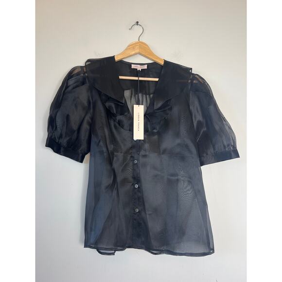NWT Lingua Franca Sheer Ruffle Edges Short Sleeve Odette Top Black Size: Large - Picture 2 of 7